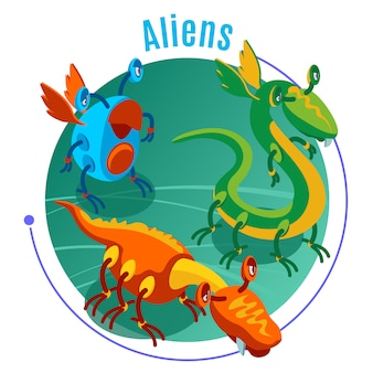 Barwiony isometric obcego tło z błękitnym nagłówkiem i trzy różnymi potworami ilustracyjnymi