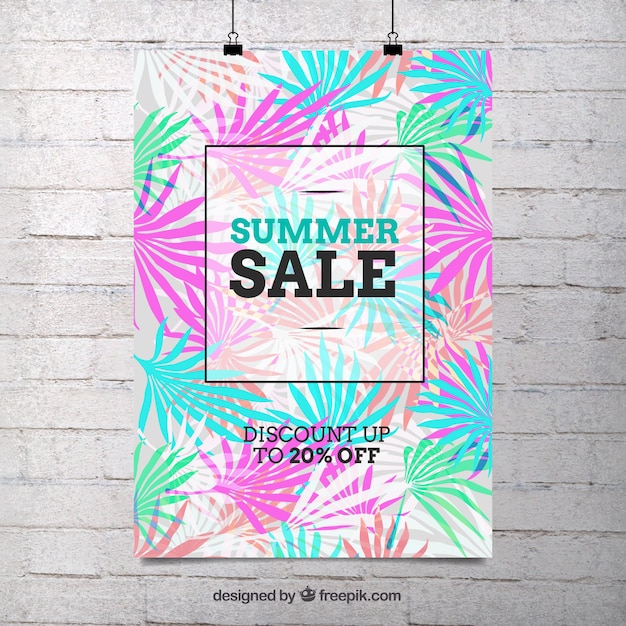 Bezpłatny wektor barwne liści palmowych summer sale plakat