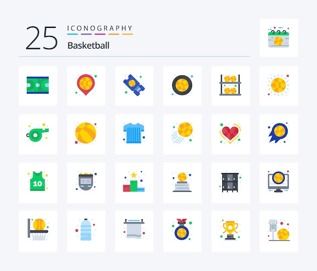 Basketball 25 Flat Color Icon Pack, W Tym Bilet Do Koszykówki Na Miejsce Do Gry W Piłkę
