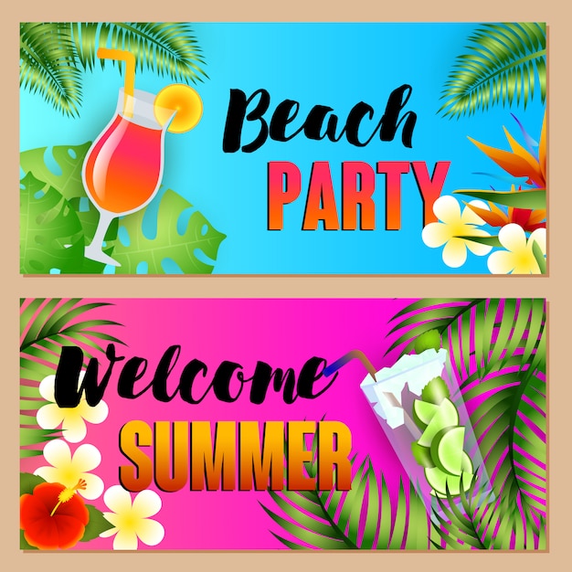 Bezpłatny wektor beach party, welcome letnie napisy z koktajlami