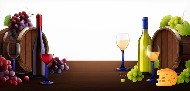 beczka, wina i winogrona na drewnianej powierzchni na białym tle