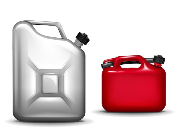 Bezpłatny wektor benzyna kanister ilustracja 3d realistyczny plastikowy i aluminiowy metalu zbiornik dla samochodu