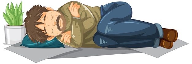 Bezpłatny wektor bezdomny stary człowiek śpiący postać z kreskówki
