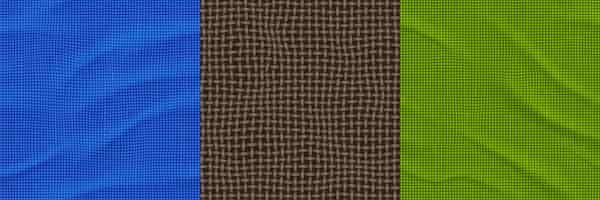 Bezpłatny wektor bezszwowe tekstury do gry jutowej tkaniny worze pomarszczone naturalne materiały tekstylne wzory wektorowe niebieskie zielone i brązowe powtarzające się tła realistyczne teksturowane włókno tkane 3d zestaw ilustracji