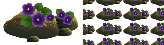 Bezszwowe tło z fioletowymi kwiatami na kamieniach mchu