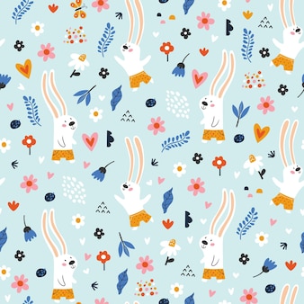 Bezszwowy dziecinny wzór z kreskówkowym króliczkiem i leśnymi elementami kreatywna tekstura dla dzieci dla tkaniny