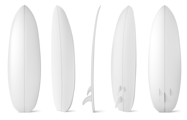 Bezpłatny wektor biała deska surfingowa z przodu, z boku iz tyłu. realistyczna pusta długa deska do letniej aktywności na plaży, surfowanie na falach morskich. wypoczynek sprzęt sportowy na białym tle