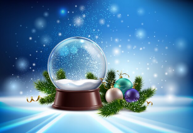 Biała śnieżna kula ziemska realistyczny skład z hristmas drzewnymi zabawkami i zimy błyskotliwości ilustracją