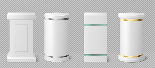 Bezpłatny wektor białe cokoły lub podium ze złotym, szklanym i srebrnym dekorem
