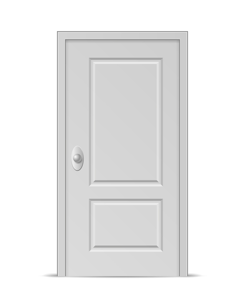 Białe drzwi zamknięte na białym tle