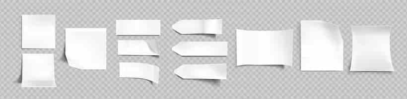 Bezpłatny wektor białe naklejki o różnych kształtach z cieniem i zagiętymi krawędziami, przywieszki, karteczki do makiety notatki na przezroczystym tle. papierowa taśma klejąca, puste półfabrykaty realistyczny 3d wektor zestaw