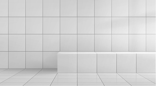 Bezpłatny wektor białe płytki ceramiczne na ścianie i podłodze wektorowa realistyczna ilustracja łazienki, prysznica, toalety, wnętrza domu, szpitala, hotelu, makiety platformy do prezentacji produktów kosmetycznych