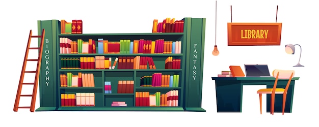 Biblioteka z książkami na półkach i laptopem na stole