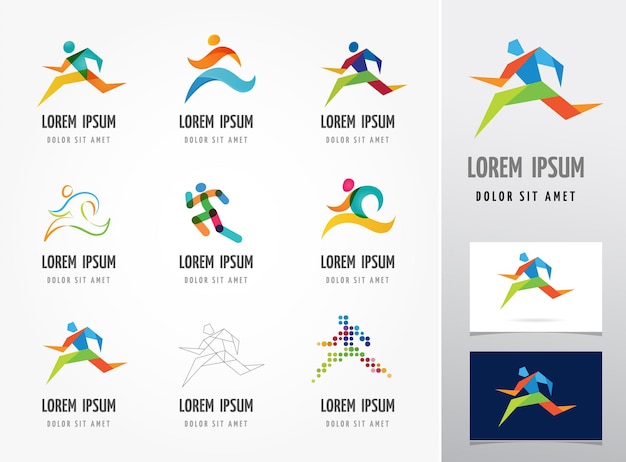 Biegnący maraton ludzie biegają kolorowy zestaw ikon