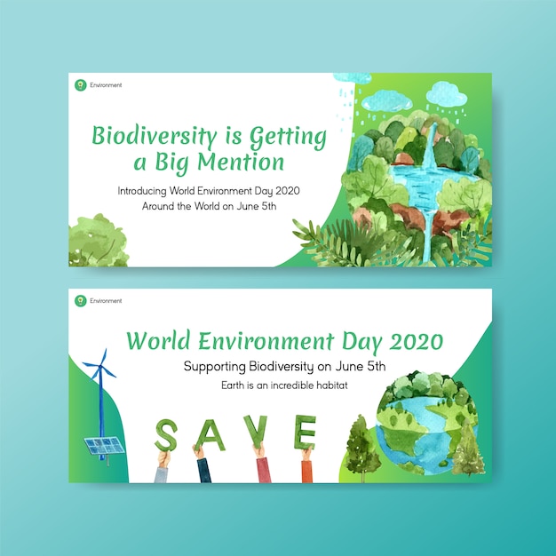 Bezpłatny wektor billboardu szablonu projekt dla światowego dnia środowiska. oszczędzanie ziemi planety światowy pojęcie z ekologii akwareli przyjaznym wektorem