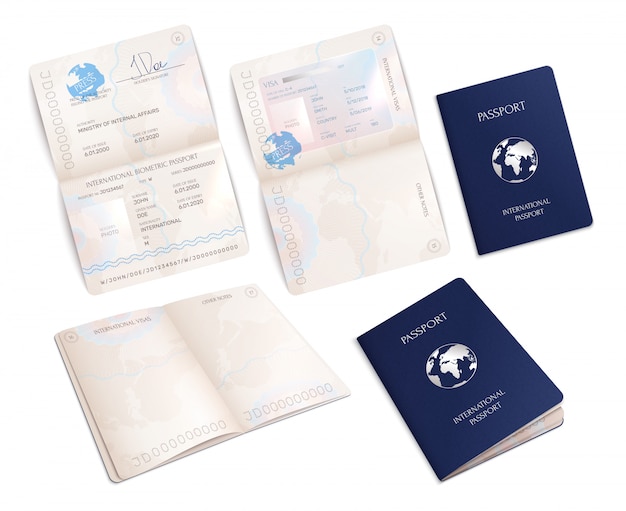 Bezpłatny wektor biometryczne makiety międzynarodowego paszportu w otwartych i zamkniętych formularzach realistyczny zestaw na białym tle