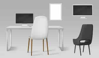 Bezpłatny wektor biurko, monitor, krzesła i puste ramki na zdjęcia na białym tle. wektor realistyczny zestaw nowoczesnych mebli, stołu, krzesła i ekranu komputera do pracy w biurze lub w domu