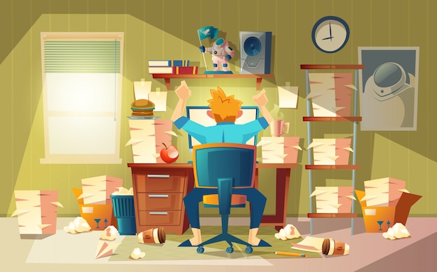 biuro domowe w chaosie z freelancerem - koncepcja terminów zbliża się do czasu ukończenia.