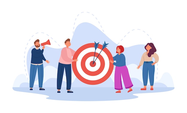 Biznes osób posiadających cel ze strzałkami. Zespół ludzi z ilustracji wektorowych płaski strategii marketingowej. Osiągnięcie, cel, wyzwanie, koncepcja sukcesu dla banera, projektu strony internetowej lub strony docelowej