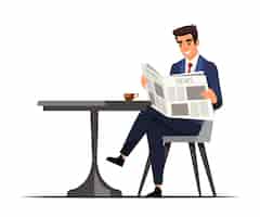 Bezpłatny wektor biznesmen pije kawę kawiarnia podczas przerwy w pracy pracownik firmy siedzi przy stole czyta codzienną gazetę ciesząc się gorącym aromatem napoju relaks i orzeźwienie