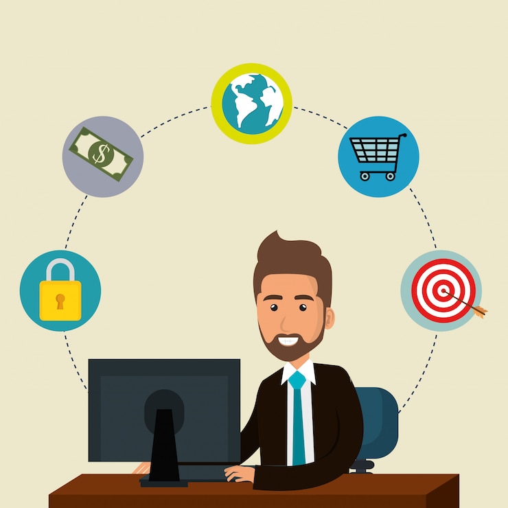 Bezpłatny plik Wektor biznesmen w biurze z ikonami marketingu e-mail