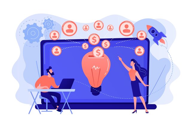 Biznesmen z nowym projektem w laptopie i ludzie finansujący go przez internet. Crowdfunding, projekt crowdsourcingowy, koncepcja alternatywnego finansowania. Różowawy koralowy bluevector ilustracja na białym tle