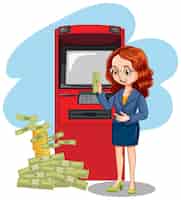 Bezpłatny wektor biznesmenka wypłaca pieniądze z bankomatu