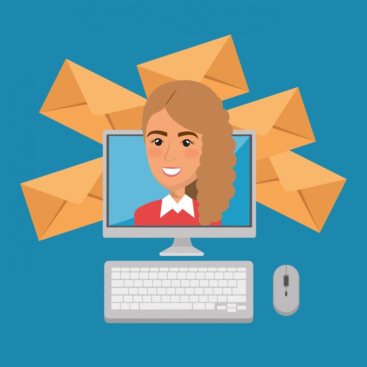 Bezpłatny plik Wektor bizneswoman z e-mailowymi marketingowymi ikonami