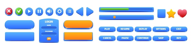 Bezpłatny wektor błyszczące niebieskie przyciski i ramki do interfejsu gry