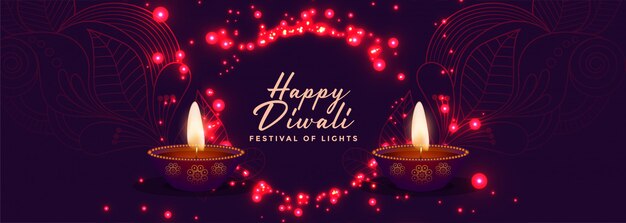 Błyszczący i świecący szczęśliwy banner festiwalu diwali