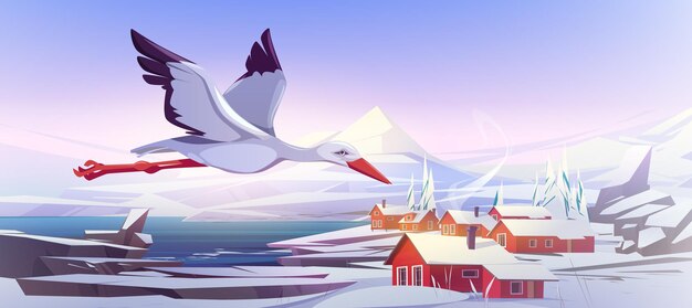 Bocian biały dziki ptak latający w zimowym krajobrazie