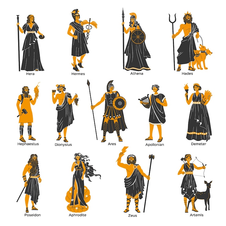 Bezpłatny plik Wektor bogowie olimpu płaski zestaw apollo poseidon artemis demeter hera hermes atena zeus znaków na białym tle ilustracji wektorowych