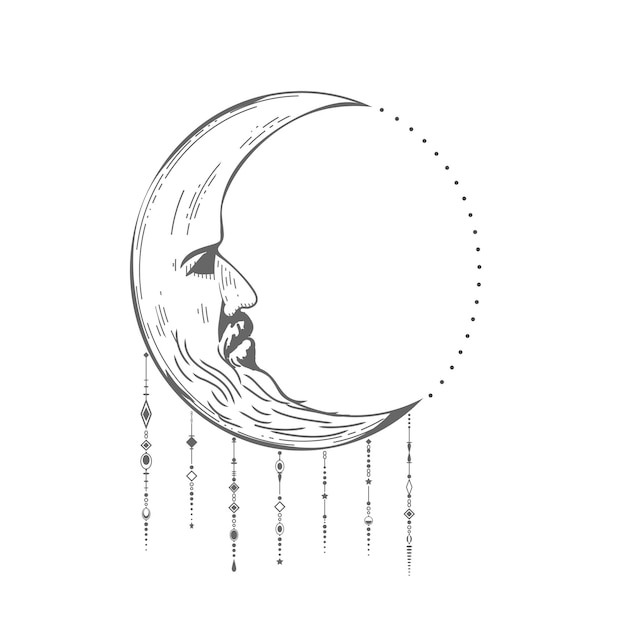 Boho Księżyc, Ikona Miesiąca Czarna Liniowa Ręcznie Rysowana Sztuka Premium Wektorów
