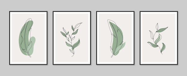 Boho rysunek linii liści z abstrakcyjnym kształtem zestaw wektorów botanicznych na ścianę