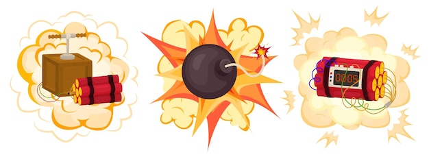Bezpłatny wektor bomba dynamitowa płaski zestaw trzech izolowanych ikon z detonującymi materiałami wybuchowymi i chmurami dymu ilustracji wektorowych