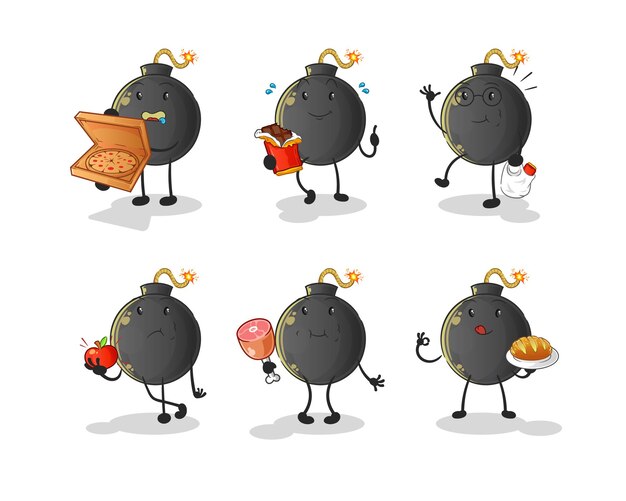 Bomba zestaw znaków żywności. kreskówka maskotka wektor