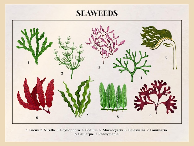 Botaniczna tabela edukacyjna kolekcji wodorostów morskich z czerwono-brązowymi zielonymi gatunkami alg w stylu retro