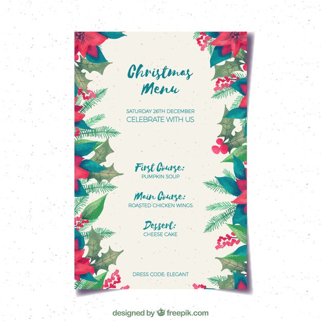 Boże Narodzenie menu z poinsettia akwarela