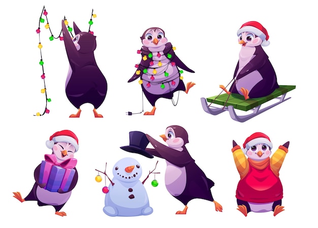 Boże Narodzenie Pingwina Słodkie Zwierzę Na Białym Tle Wektor Zestaw
