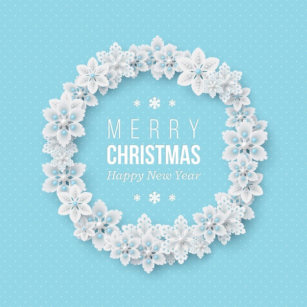 Boże Narodzenie wieniec świąteczny. 3d dekoracyjne płatki śniegu z cieniem i perłami. Niebieskie tło kropkowane z tekstem powitania. Ilustracja wektorowa.