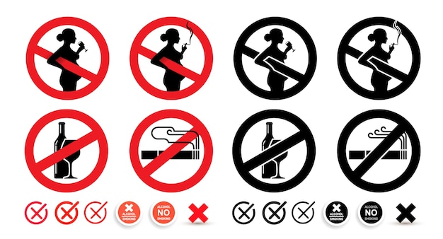 Brak znaku alkoholu, zakaz palenia. ostrzeżenie kobiety w ciąży nie powinny pić i palić.