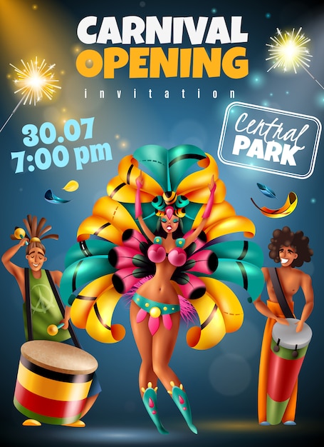 Brazylijski Coroczny Karnawałowy Festiwal Otwarcia Zawiadomienia Zaproszenia Kolorowy Plakat Z Lśnieniem Zaświeca Tancerza Muzyków Kostiumów Wektoru Ilustrację