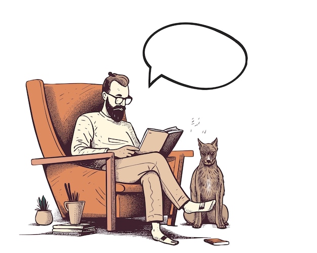 Bezpłatny wektor brodaty mężczyzna z psem siedzi na fotelu i czyta książkę