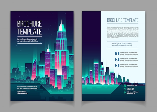Bezpłatny wektor broszura z nowoczesnym megapolis w nocy. broszura z świecące budynki w stylu cartoon