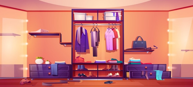 Brudne wnętrze garderoby garderoby z rozrzuconymi męskimi i żeńskimi ubraniami, butami i akcesoriami w garderobie ilustracja kreskówka