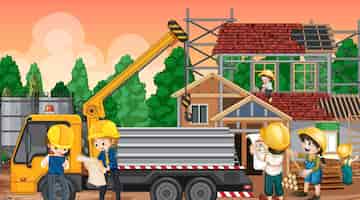 Bezpłatny wektor budowa domu i pracowników