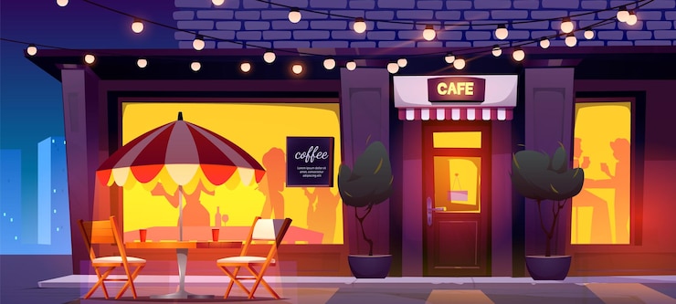 Bezpłatny plik Wektor budynek baru ulicznego w nocnym mieście z tłem wektora kreskówek wianek na tarasie restauracji ze stołem i krzesłem narożna witryna sklepowa bistro wieczorem z sylwetkami ludzi w oknie