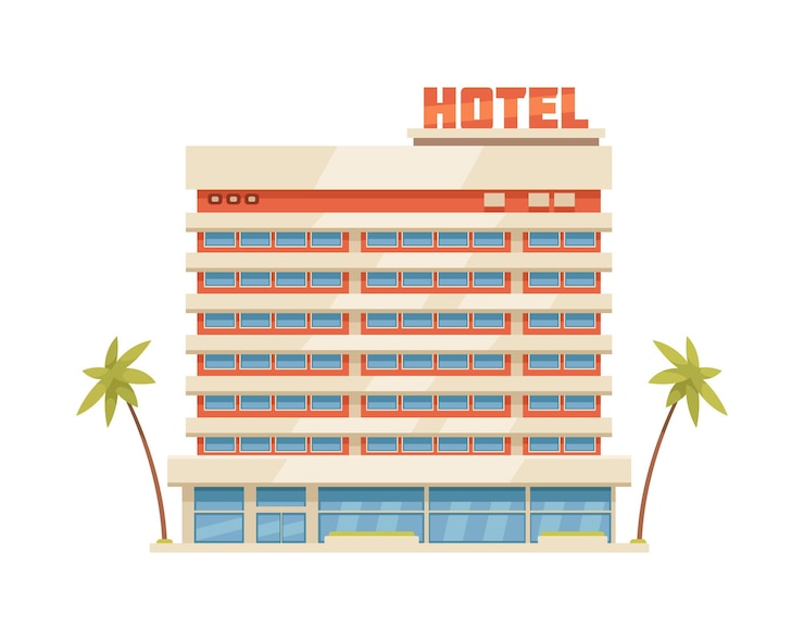 Bezpłatny plik Wektor budynek hotelu w tropikalnym kraju z ikoną kreskówki palm