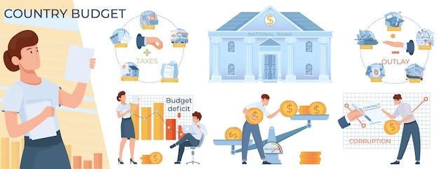Bezpłatny wektor budżetowa płaska kompozycja rządu kraju z postacią kobiecą trzymającą dokumenty i zestaw ilustracji wektorowych na białym tle ikon finansowych