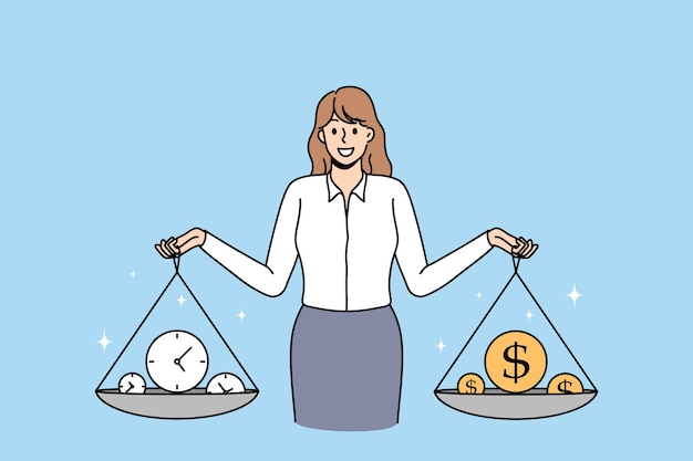 Businesswoman trzyma wagę w dłoniach, znajduje idealną równowagę między pieniędzmi a czasem. szczęśliwa kobieta sukcesu w pracy ma harmonię w pracy i życiu. ilustracja wektorowa, postać z kreskówki.